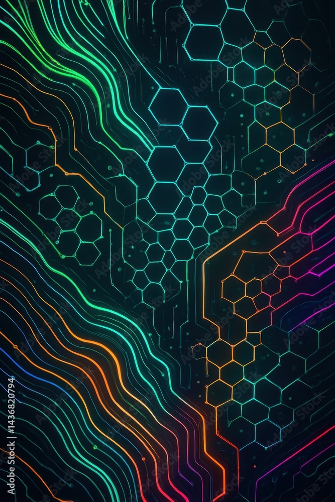 Poster Futuristic hexagonal circuit pattern with colorful neon lines on dark background