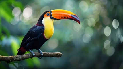 Obraz premium Stunning toucan perched on a rainforest branch massive colorful beak contrasting with its sleek black feathers dreamy wildlife shot