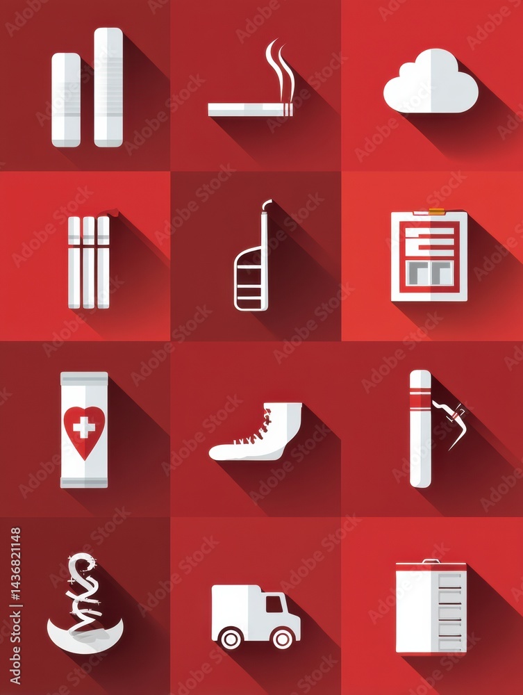 Poster health impacts from smoking represented in an icon set on a flat red background