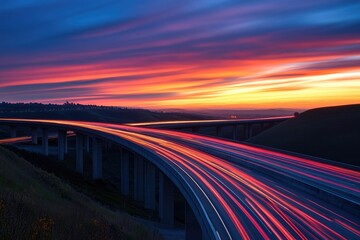Obraz premium A breathtaking sunset illuminates a highway overpass, with vibrant light trails painting the scene.