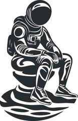 Black and white vector illustration of an astronaut sitting on a small planet or moon in space wearing a spacesuit and helmet.