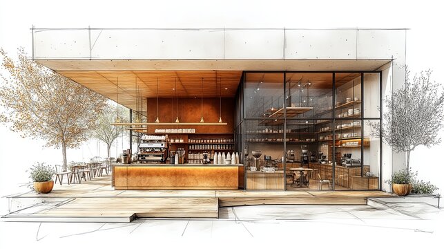 modern coffee shop interior sketch A modern coffee shop design featuring a glass facade, wooden accents, and inviting outdoor seating. artistic sketch of modern coffee shop interior design