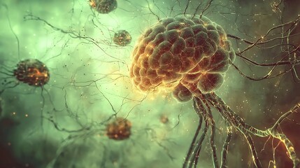 Neuron Cells with Dendrites and Axons in Brain Tissue