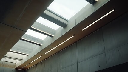 Modern Building Interior with Skylights and Linear Lighting