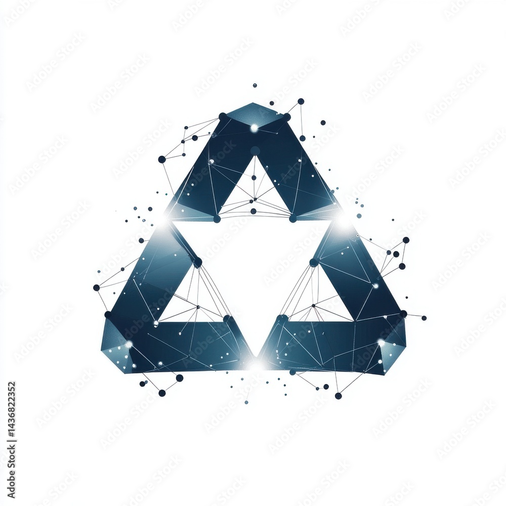 Poster stylized geometric triangular shape with a network of connecting lines and dots, creating a modern d