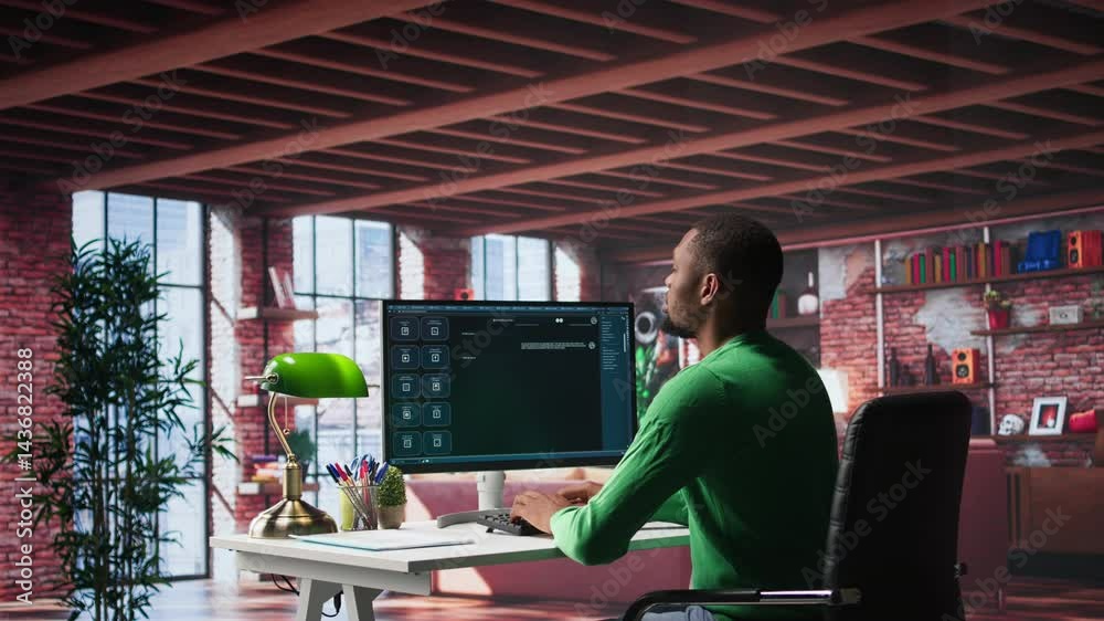Fototapete Remote worker uses conversational AI bot to help solve daily tasks, chatting with machine learning powered chatbot to generate data responses. Efficiency with AI assistant tool. Camera B.