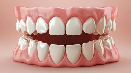 A detailed rendering of a human mouth showcasing healthy teeth and gums against a soft pink background.