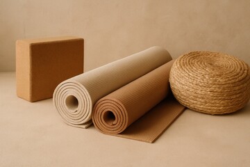 Natural yoga setup with eco mats, cork block, and woven meditation cushion