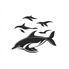 Fototapeta premium Stylized black-and-white dolphins swimming gracefully with birds in the background.