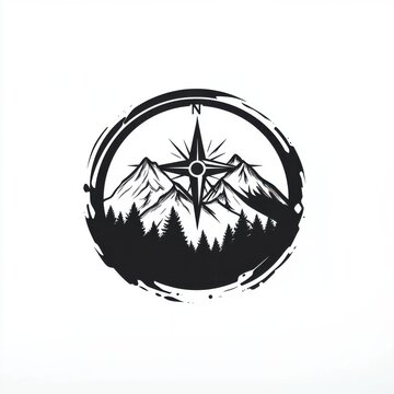 A stylized black and white compass design featuring mountains and trees, evoking a sense of adventure.