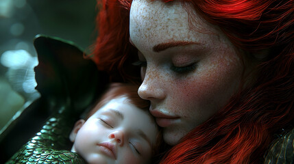 Mermaid Mother Tenderly Hugs Sleeping Baby