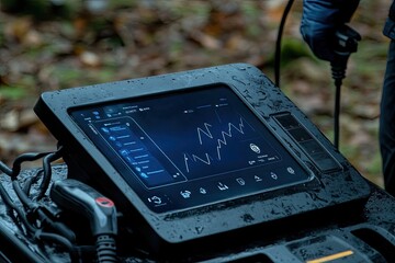 Modern digital display panel, showing data graphs and menus