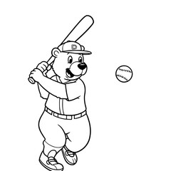 cartoon illustration of a bear with a baseball bat. coloring page for kids
