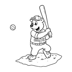 cartoon illustration of a bear with a baseball bat. coloring page for kids