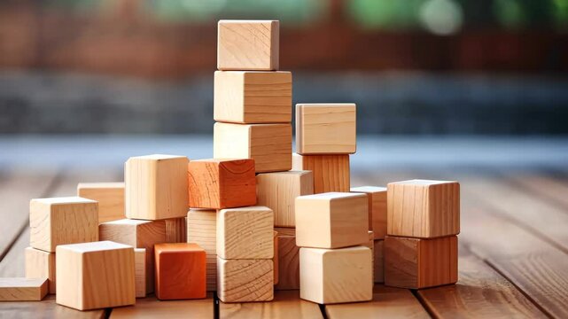 A stack of toy wooden blocks on a table, offering a playful backdrop of educational fun, Ai Generated.
