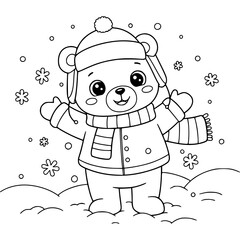 happy teddy bear in the snow winter. coloring book for kids