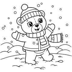 happy teddy bear in the snow winter. coloring book for kids