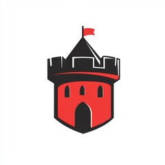 Stylized fortress emblem with a red and black color scheme, featuring a battlement and flag.