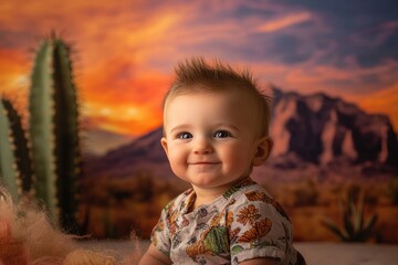 Adorable baby boy smiles against a desert sunset backdrop, cacti in foreground.
