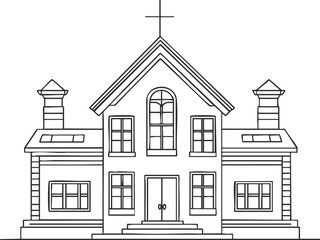 Line art illustration of a church building with a cross on the roof and symmetrical windows