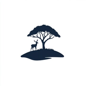 Silhouette of a majestic deer standing under a grand tree, creating a serene nature scene.