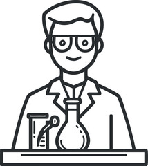 Line art illustration of a male scientist wearing glasses and lab coat conducting an experiment with laboratory glassware