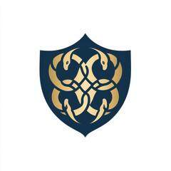 Obraz premium Artistic shield design featuring intertwined snakes in a gold and dark blue color scheme.