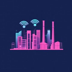 Obraz premium Stylized cityscape featuring modern buildings and industrial elements, showcasing connectivity icons.