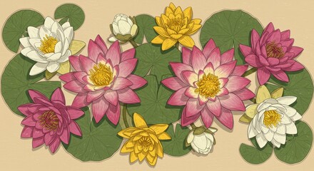 Obraz premium Colorful Water Lilies and Lily Pads Illustration Art
