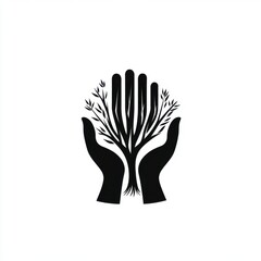 Fototapeta premium Stylized black silhouette of hands nurturing a tree, symbolizing growth and environmental care.