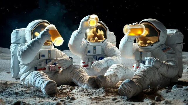 Three astronauts in spacesuits sitting on moon surface, drinking golden beer, starry space background. Relaxed gathering with beverages.