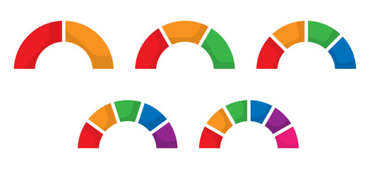 Colorful semicircles divided into different numbers of segments. Representing fractions and data visualization. Infographic parts diagram. 2, 3, 4, 5, and 6, parts