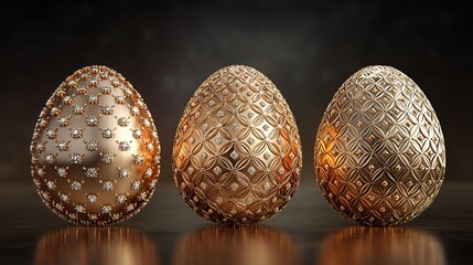 Three intricately designed golden eggs showcasing elegant patterns and textures against a softly lit background.
