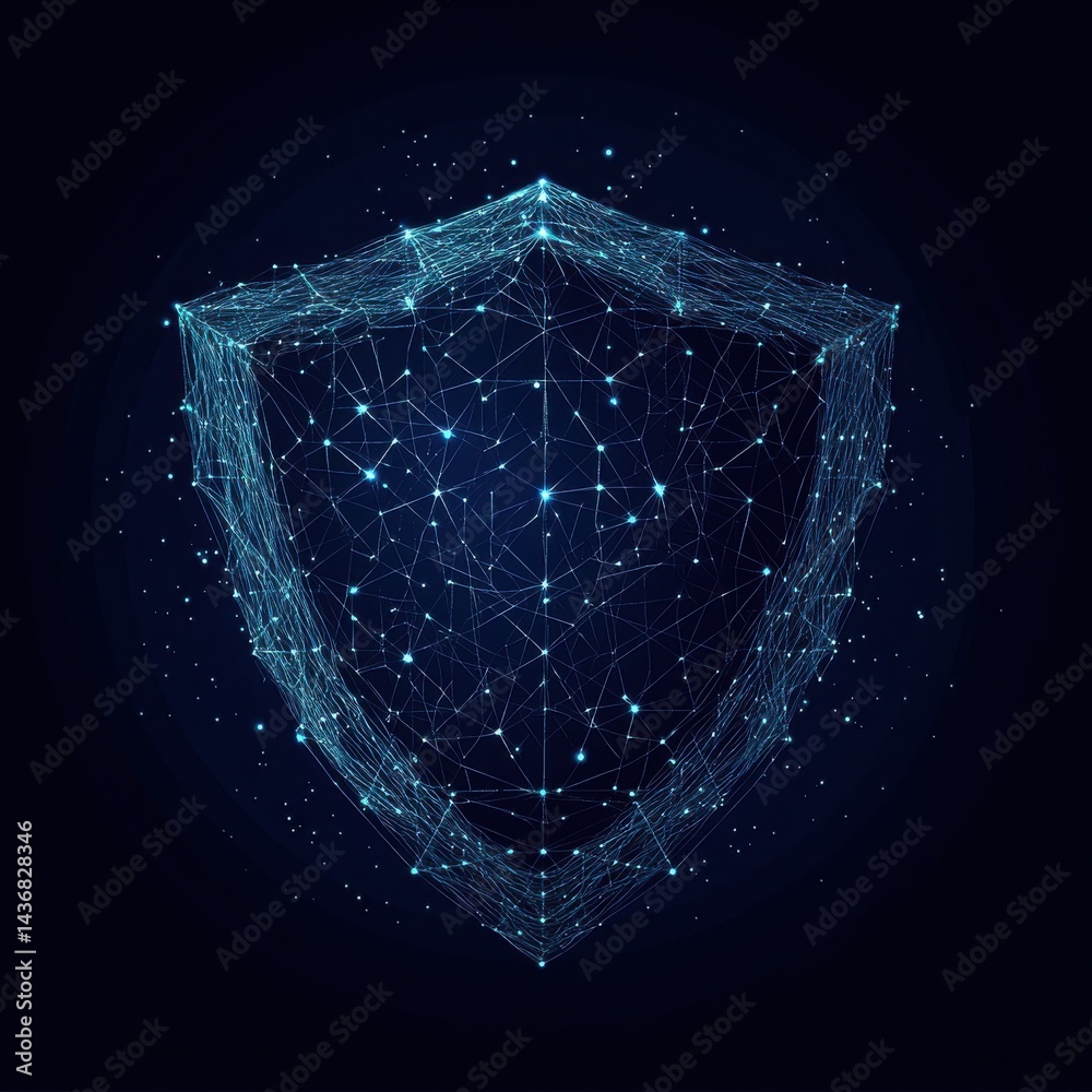 Poster abstract digital shield symbolizing cybersecurity, featuring a network of connected lines and nodes.