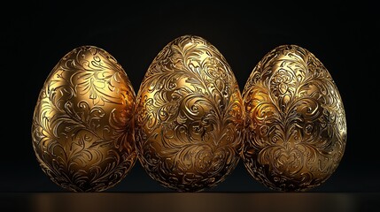 Three elegantly designed golden eggs with intricate patterns glimmering against a dark background.