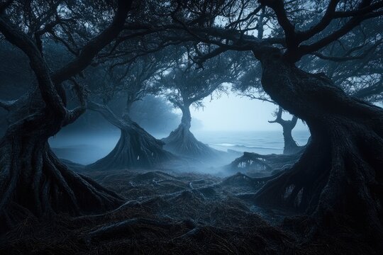 Enigmatic dark trees with exposed roots frame a misty ocean, creating an eerie, mysterious scene. - Powered by Adobe
