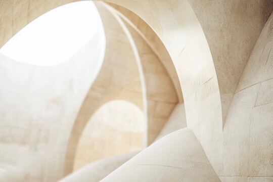 Abstract architectural curves of creamy beige stone create a mesmerizing interplay of light and shadow.