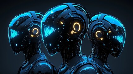 Three futuristic robots with glowing accents and sleek designs, showcasing advanced technology and a hint of mystery.