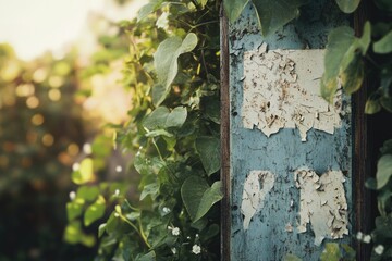 A weathered wooden sign, partially covered in peeling paint, stands nestled amidst lush green foliage.