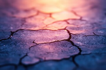 Obraz premium Dry cracked earth at sunset, showing texture and color gradients.