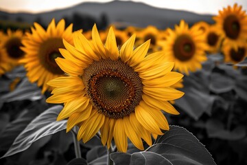 A vibrant sunflower stands out in a field of grayscale sunflowers, showcasing its bright yellow petals and dark brown center.