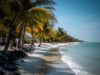 Obraz premium A picturesque tropical beach scene showcases lush palm trees lining a pristine sandy shore with gentle waves lapping the coastline under a vibrant