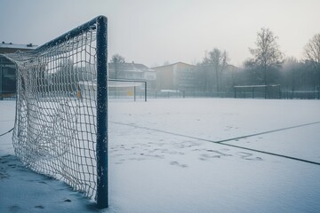 A foggy winter morning on a snow-covered soccer field with goals visible in the background.