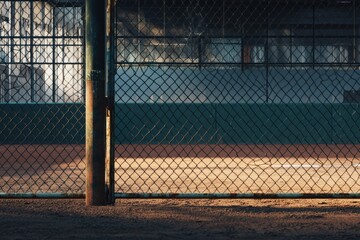 Rustic baseball field view through chain-link fence during golden hour.