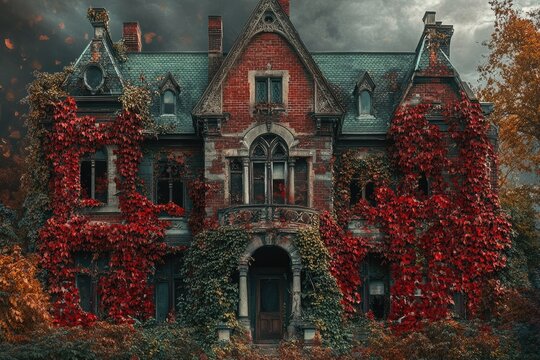 An old, abandoned brick mansion covered in vibrant red and green autumn leaves, exuding an eerie atmosphere.