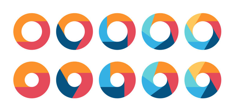 Colorful circle chart segmentation template. Diagram infographics set. 2, 3, 4, 5, and 6 parts. Representing data visualiation, statistics, progress. 