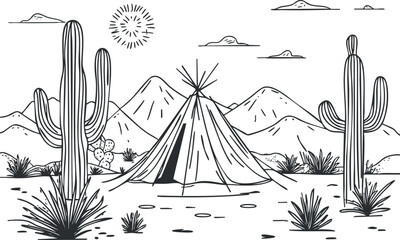 Black and white line drawing of a desert landscape with a teepee tent surrounded by cacti and mountains under the sun. © vadymstock