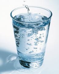 A refreshing glass of water being filled with splashes and bubbles, conveying hydration and vitality.