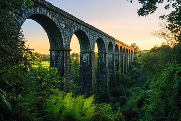 Fototapeta premium Stone arch viaduct at sunset, nestled in lush greenery, a picturesque scene.