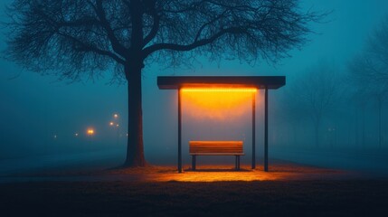 Misty night bus stop